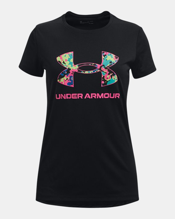 เสื้อแขนสั้น UA Tech™ Solid Print Big Logo สำหรับเด็กผู้หญิง, Black, pdpMainDesktop image number 0